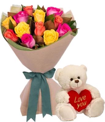 12 Multi-coloured Roses with Teddy product1299